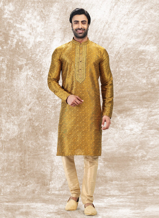 Fancy Work Brocade, Jacquard Silk Gold Kurta Pyjama - M4848