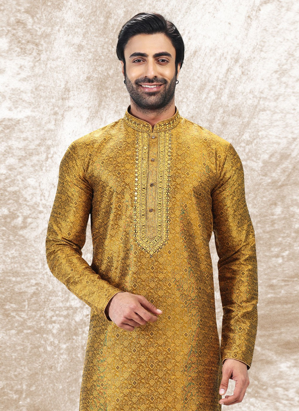 Fancy Work Brocade, Jacquard Silk Gold Kurta Pyjama - M4848