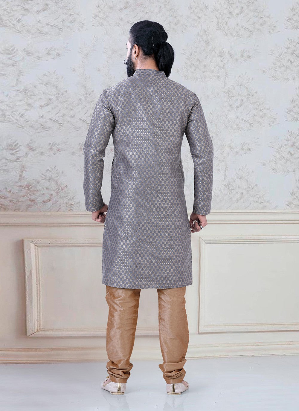 Fancy Work Brocade Grey Kurta Pyjama - M3091