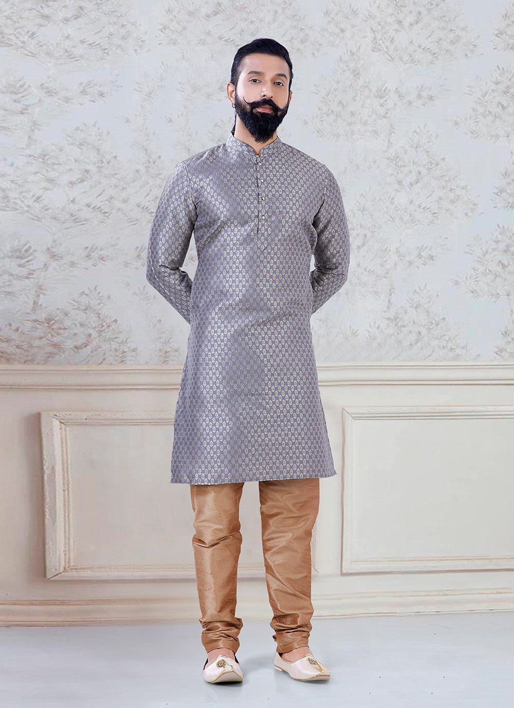 Fancy Work Brocade Grey Kurta Pyjama - M3091