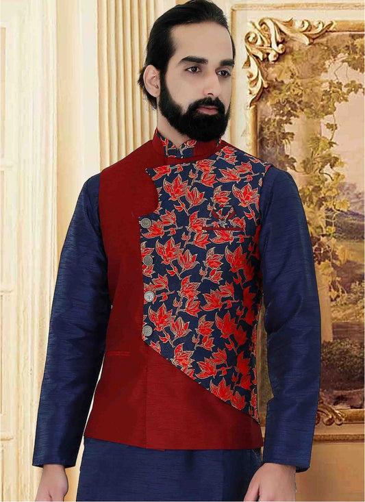 Weaving Zari Art Silk, Brocade Maroon, Navy Blue Nehru Jackets - M1537