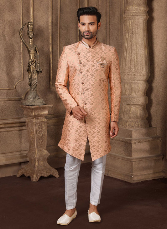 Jacquard Work Brocade, Jacquard Silk Peach Indo Western - M2536