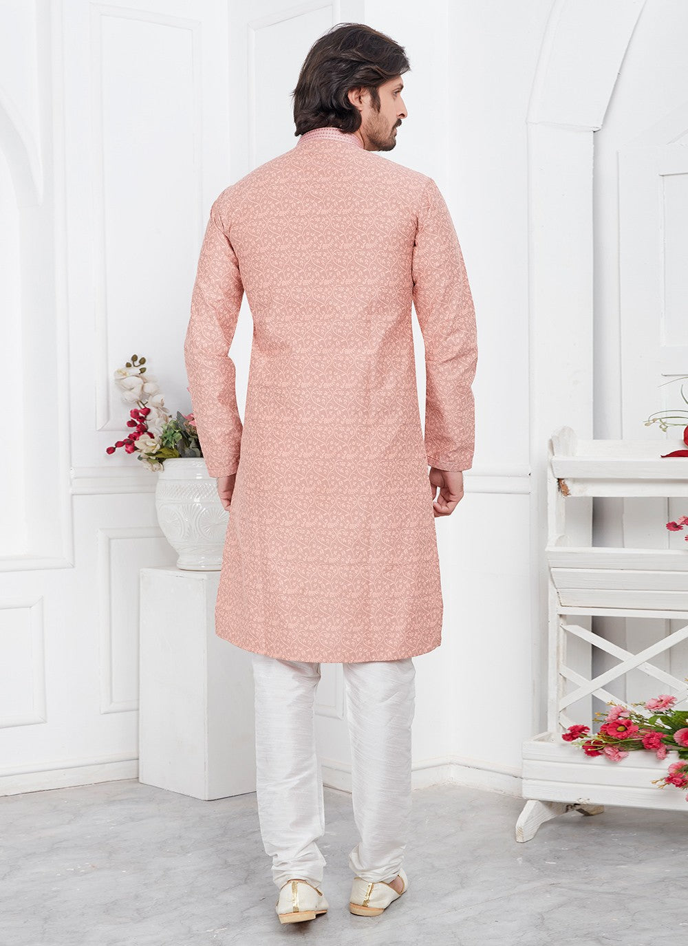 Pintex Brocade, Jacquard Silk Peach Kurta Pyjama - M7763