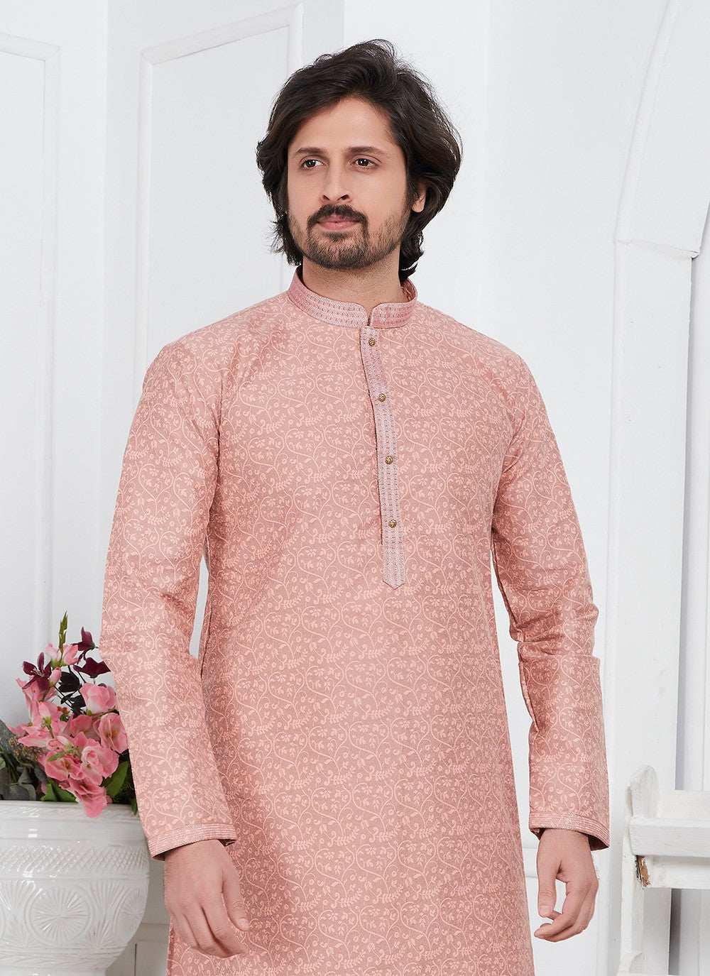 Pintex Brocade, Jacquard Silk Peach Kurta Pyjama - M7763