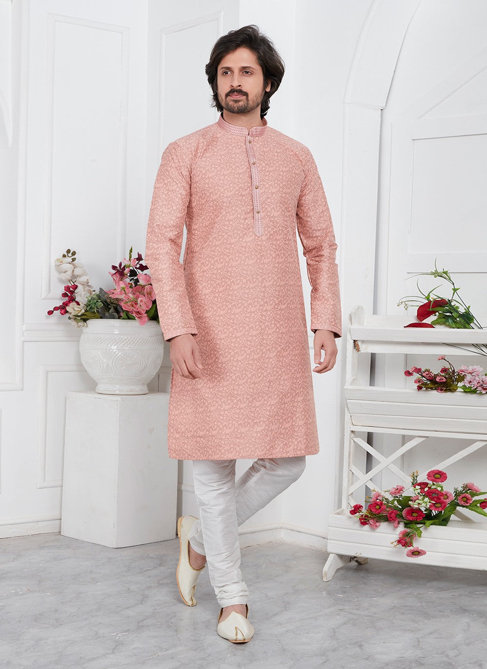 Pintex Brocade, Jacquard Silk Peach Kurta Pyjama - M7763