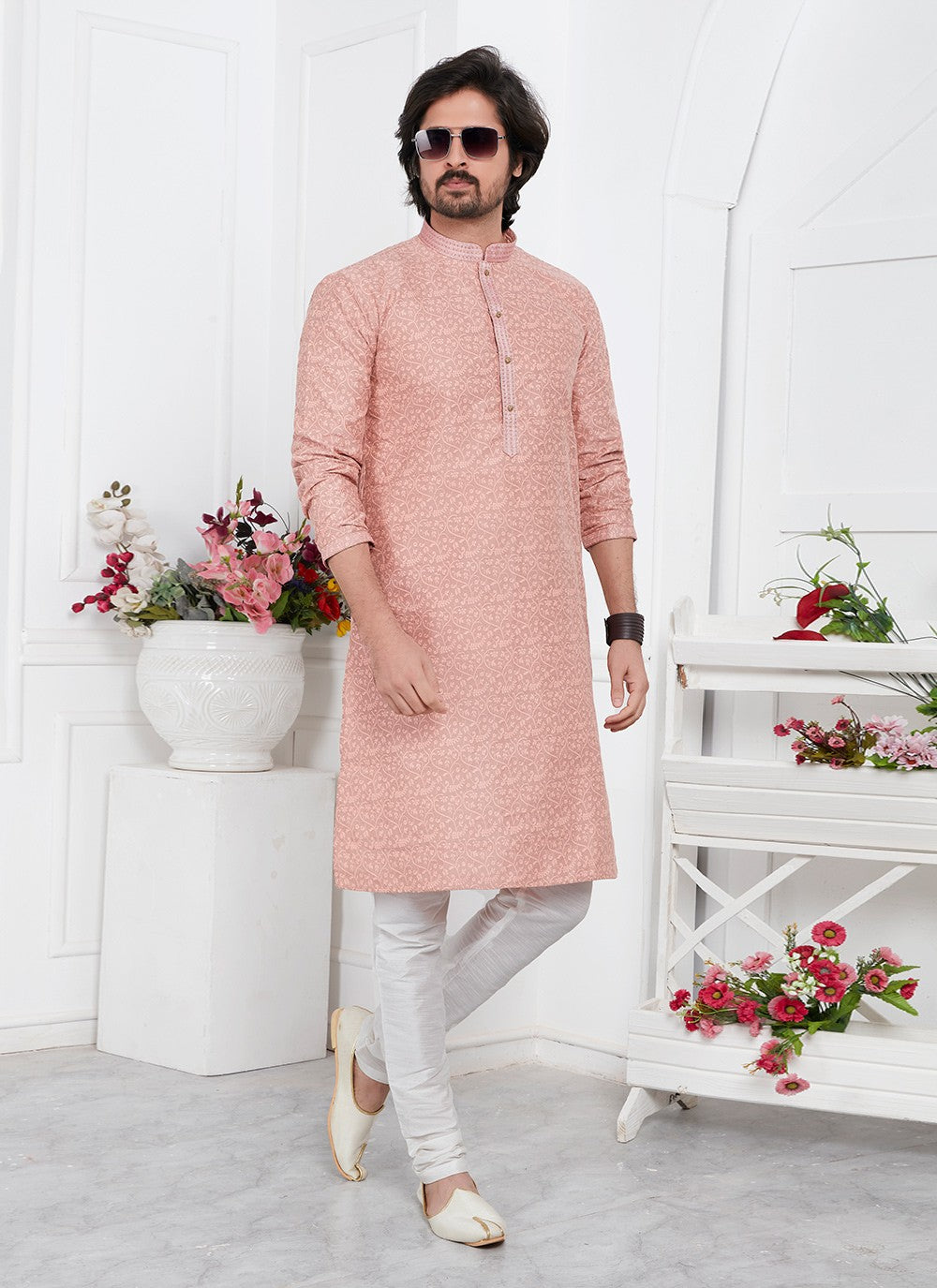 Pintex Brocade, Jacquard Silk Peach Kurta Pyjama - M7763