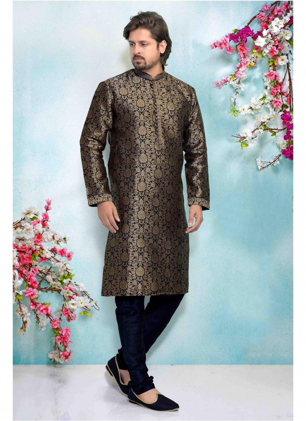 Printed Brocade, Jacquard Navy Blue Kurta Pyjama - M1673