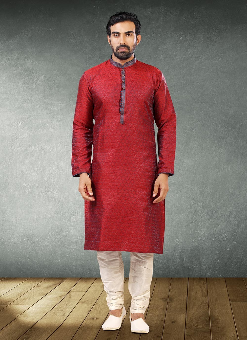 Jacquard Work Brocade, Jacquard Silk Red Kurta Pyjama - M2187