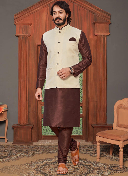 Plain Art Silk, Jute Silk Brown, Cream Kurta Payjama With Jacket - M2050