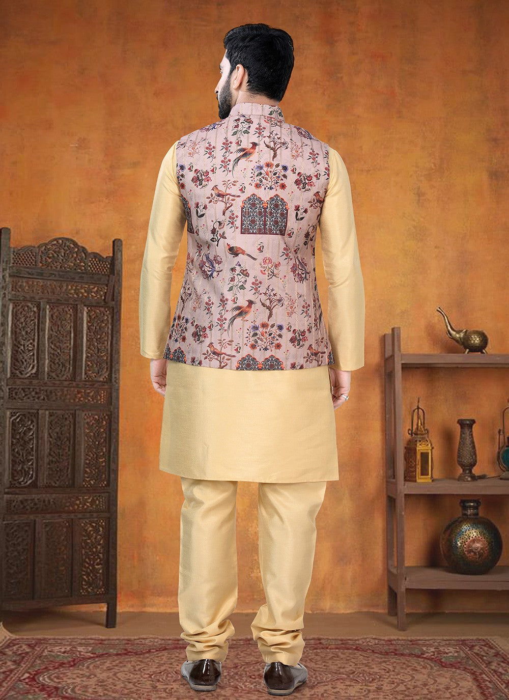 Printed Silk Brown, Gold Kurta Payjama With Jacket - M8783