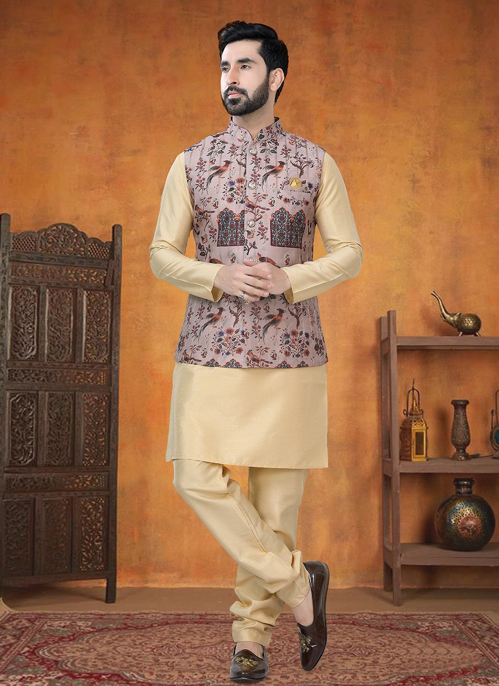 Printed Silk Brown, Gold Kurta Payjama With Jacket - M8783