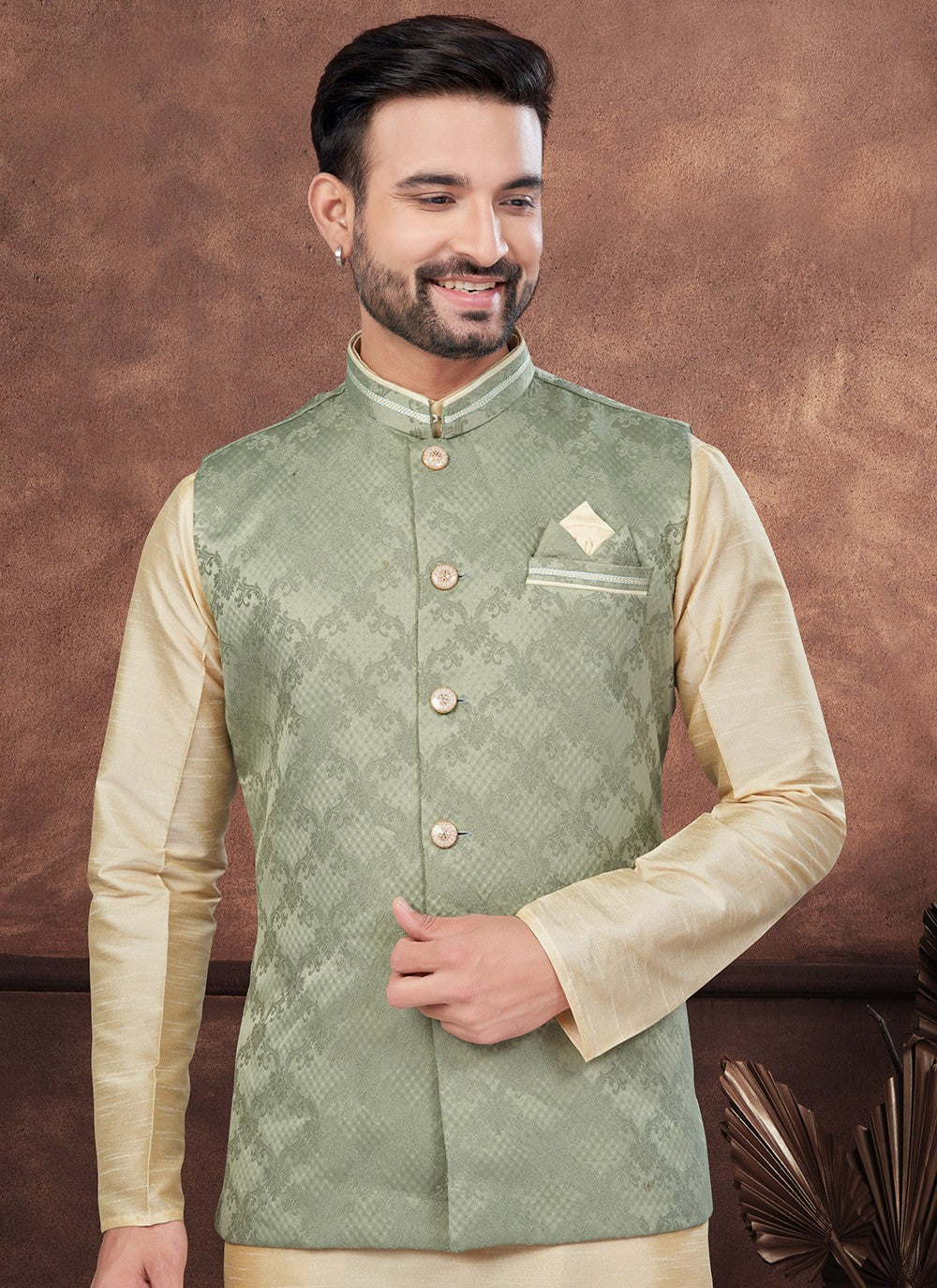 Buttons Dupion Silk, Imported, Jacquard Brown, Green Kurta Payjama With Jacket - M8669