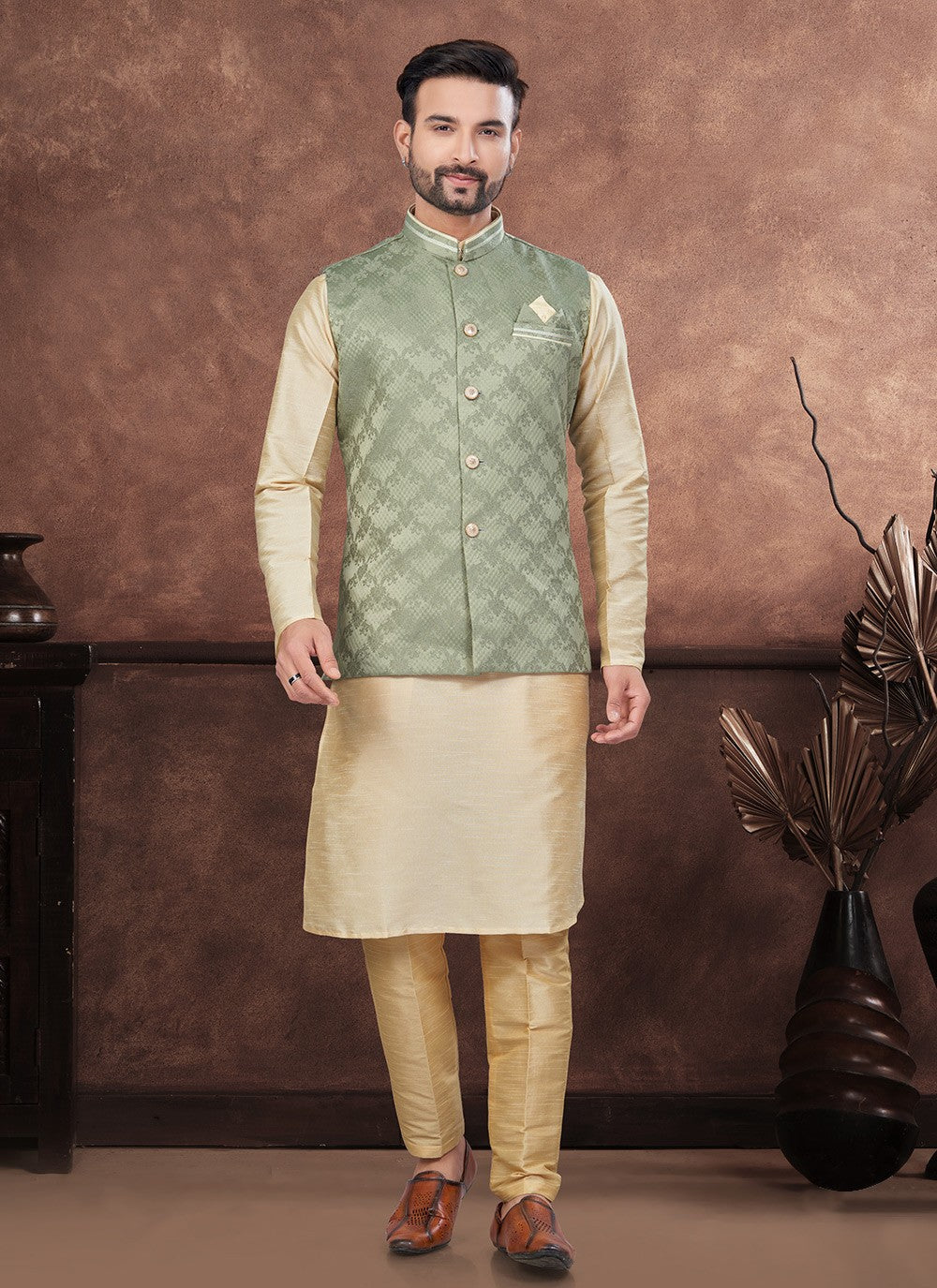 Buttons Dupion Silk, Imported, Jacquard Brown, Green Kurta Payjama With Jacket - M8669