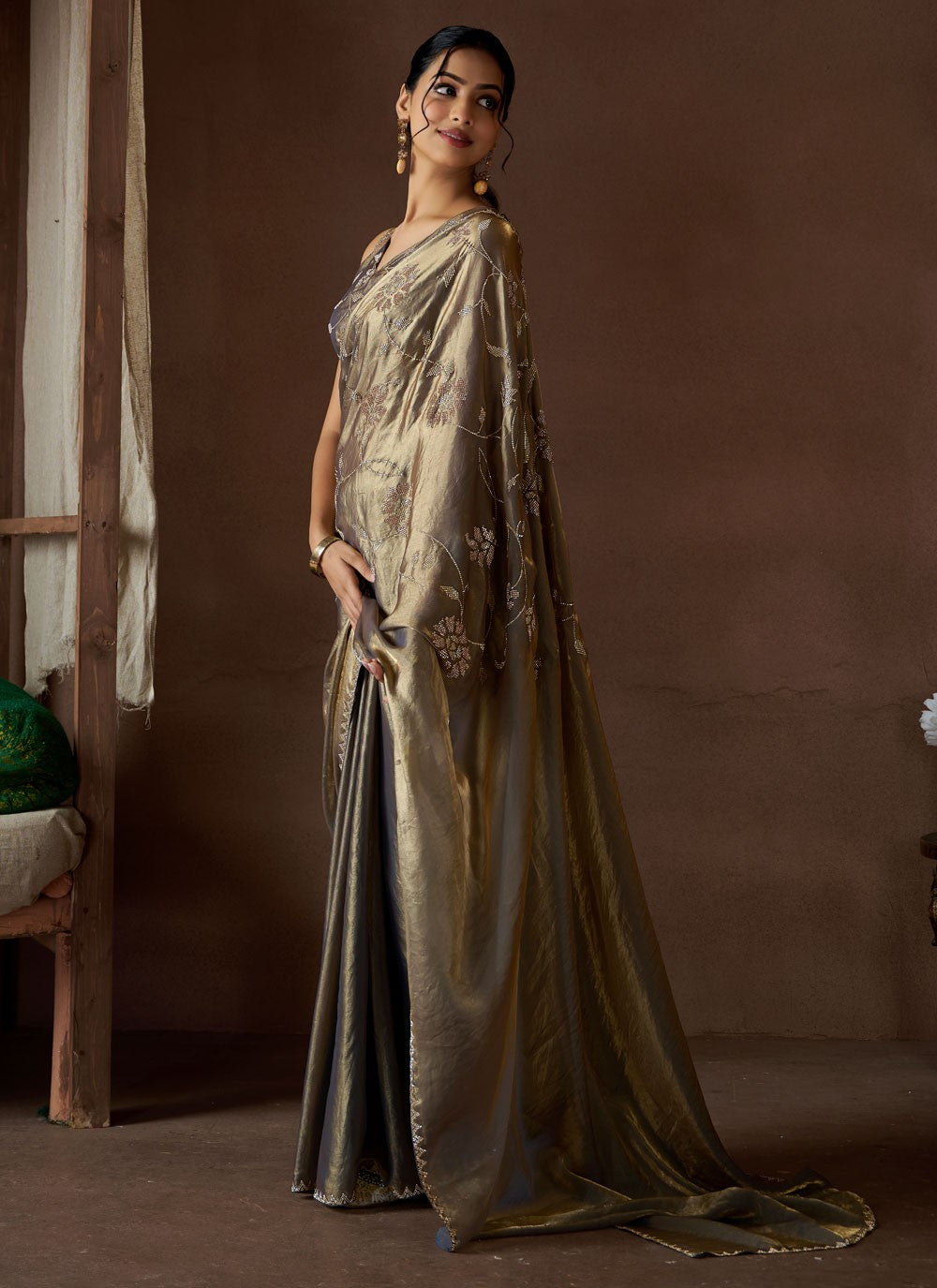 Cutdana, Swarovski Satin Silk Saree - S11858