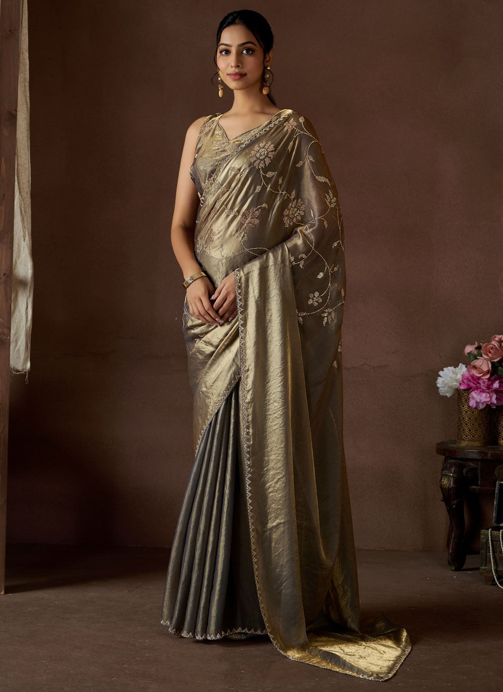 Cutdana, Swarovski Satin Silk Saree - S11858