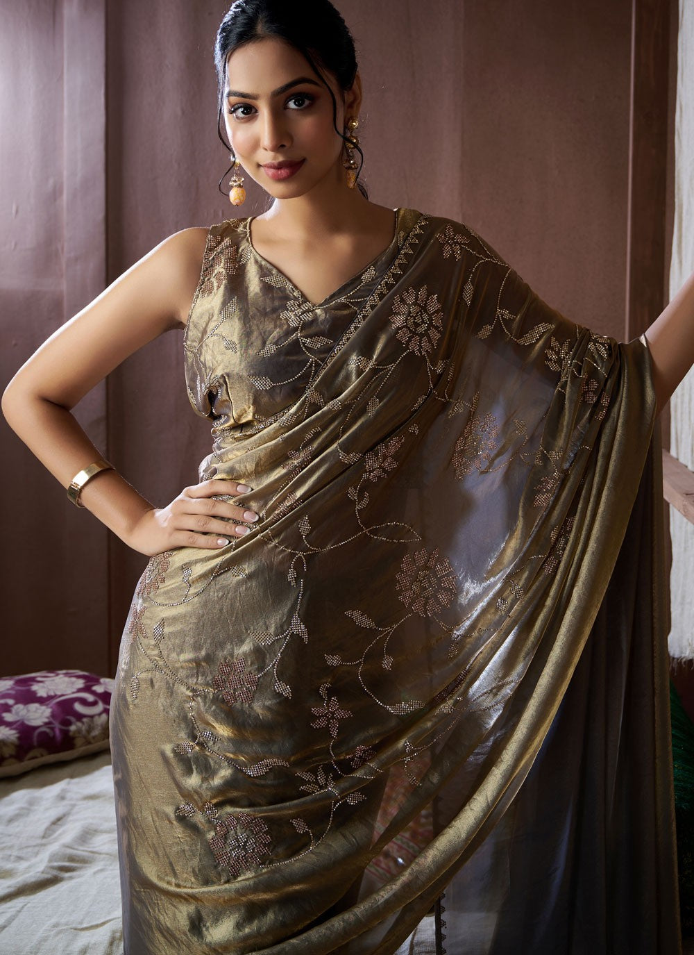 Cutdana, Swarovski Satin Silk Saree - S11858