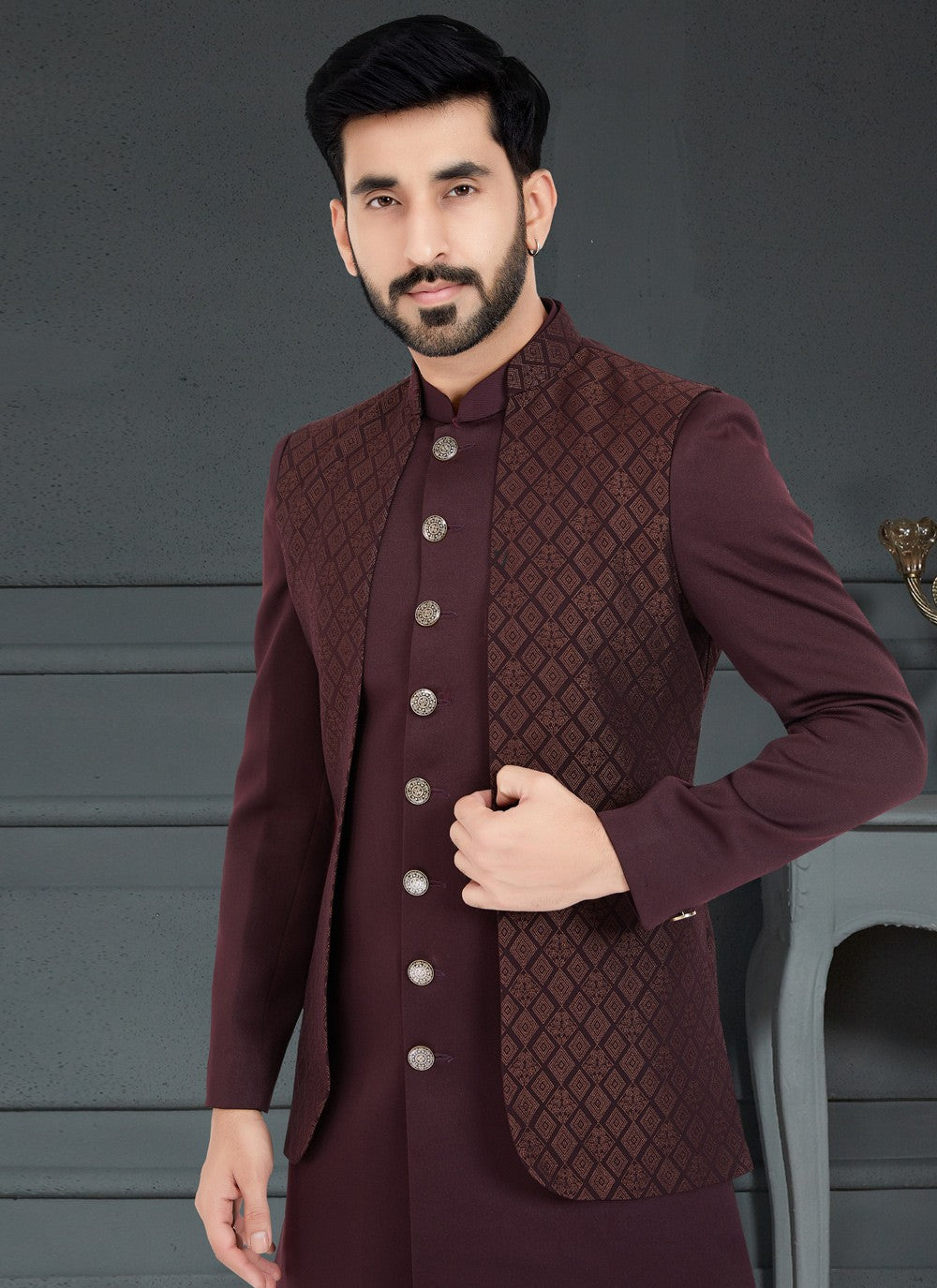 Weaving Zari Jacquard Brown, Maroon Indo Western - M5040