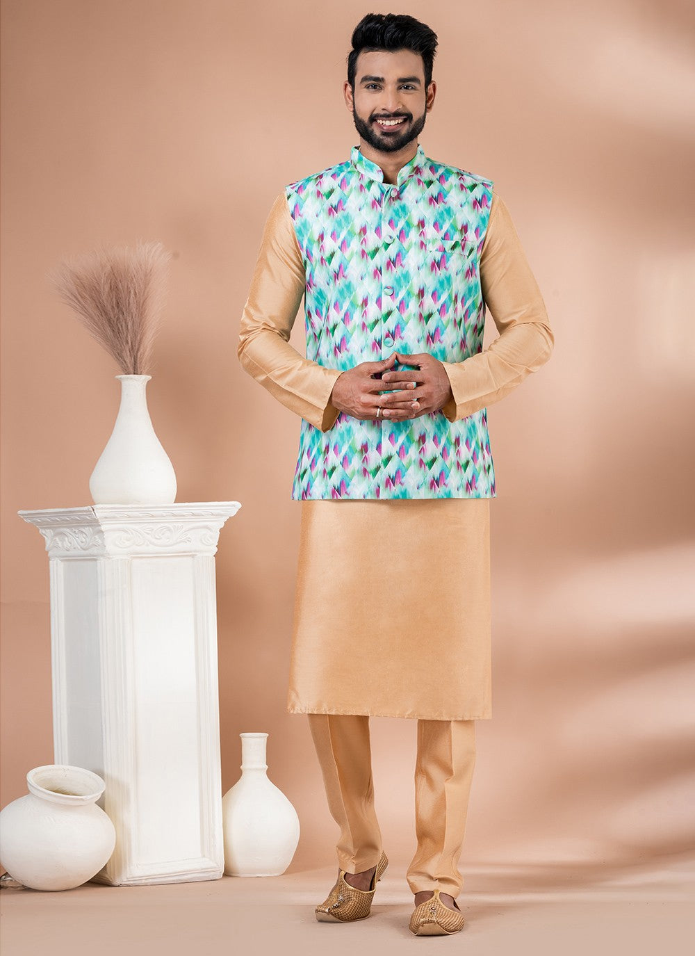 Plain Cotton , Viscose Brown, Multi Colour Kurta Payjama With Jacket - M7728