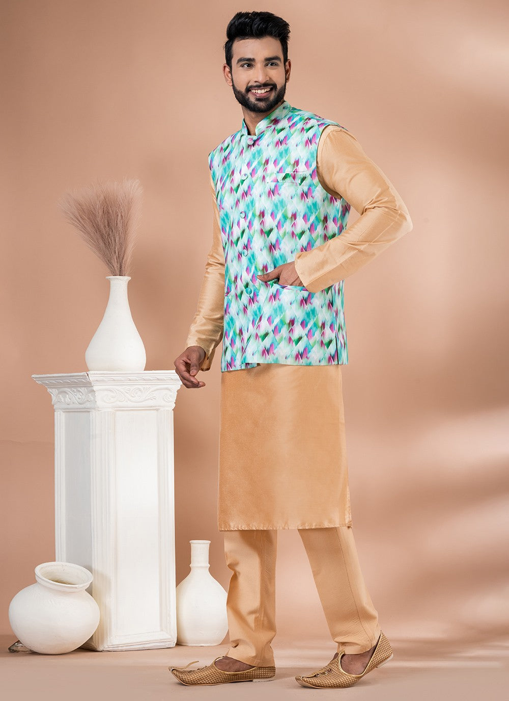 Plain Cotton , Viscose Brown, Multi Colour Kurta Payjama With Jacket - M7728