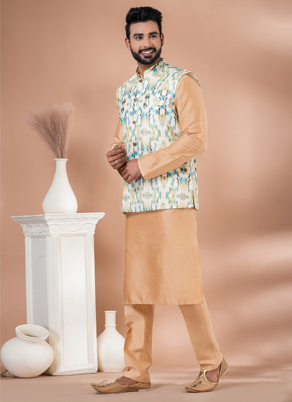 Plain Cotton , Viscose Brown, Multi Colour Kurta Payjama With Jacket - M7730