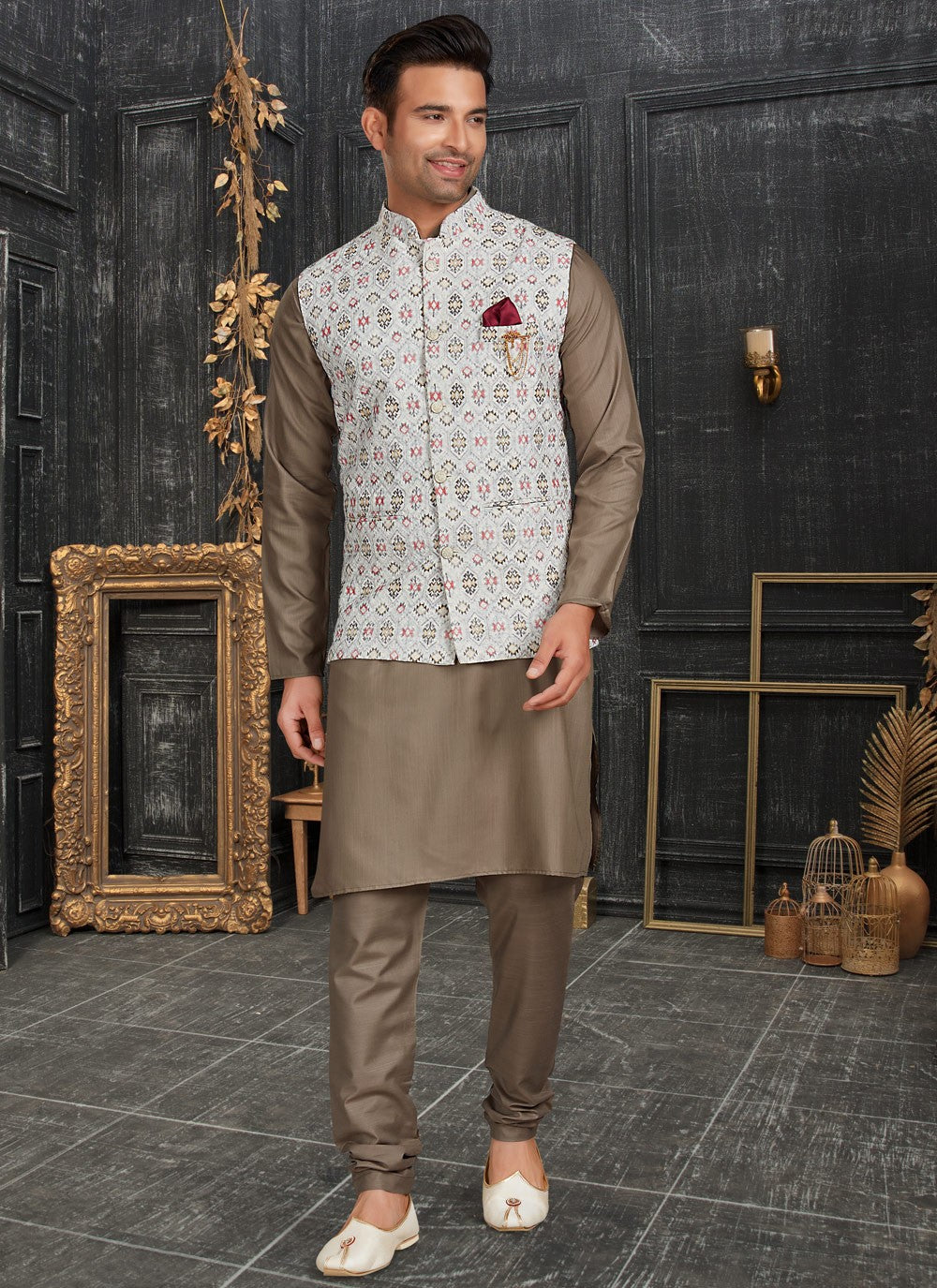 Chicken Cotton Brown, Off White Kurta Payjama With Jacket - M4625