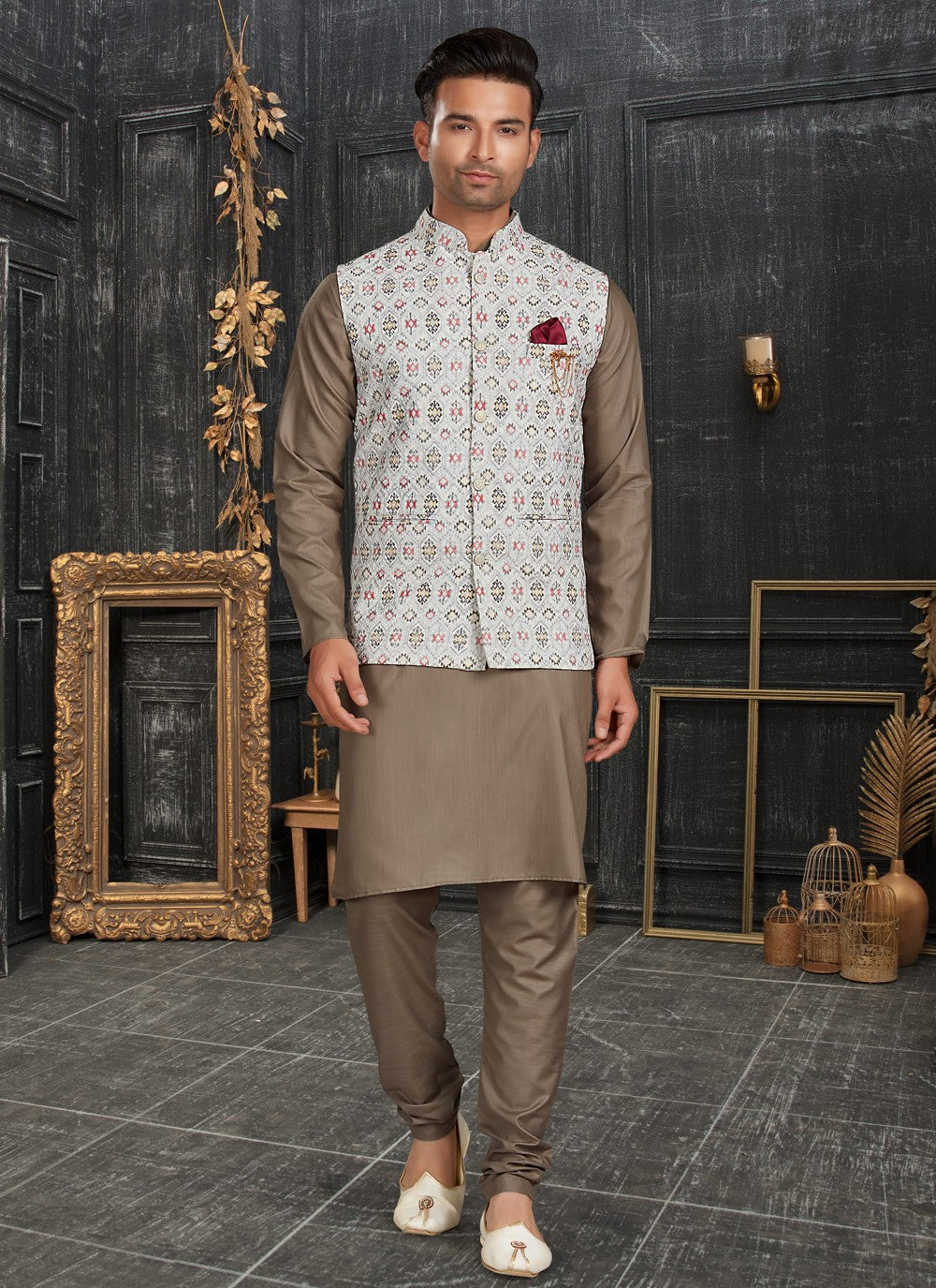 Chicken Cotton Brown, Off White Kurta Payjama With Jacket - M4625