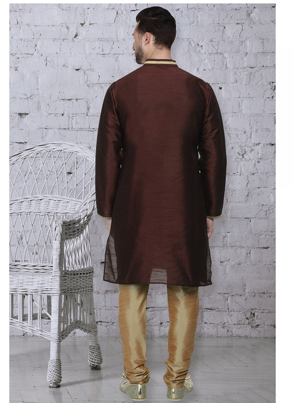 Embroidered Art Dupion Silk Brown Kurta Pyjama - M1503