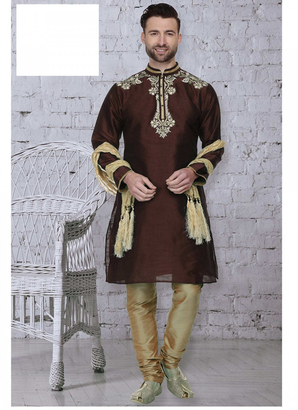 Embroidered Art Dupion Silk Brown Kurta Pyjama - M1503