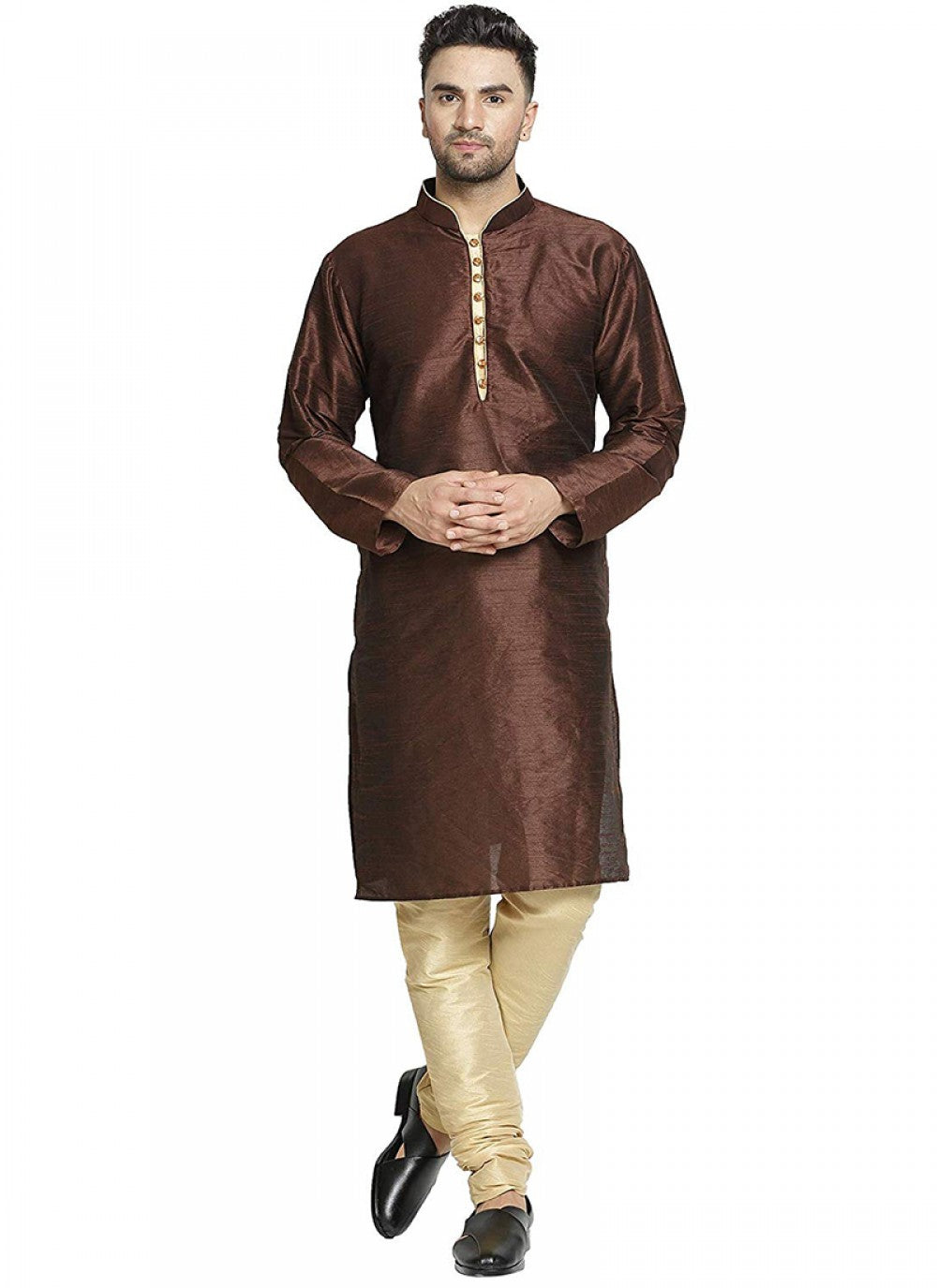 Plain Art Dupion Silk Brown Kurta Pyjama - M1304