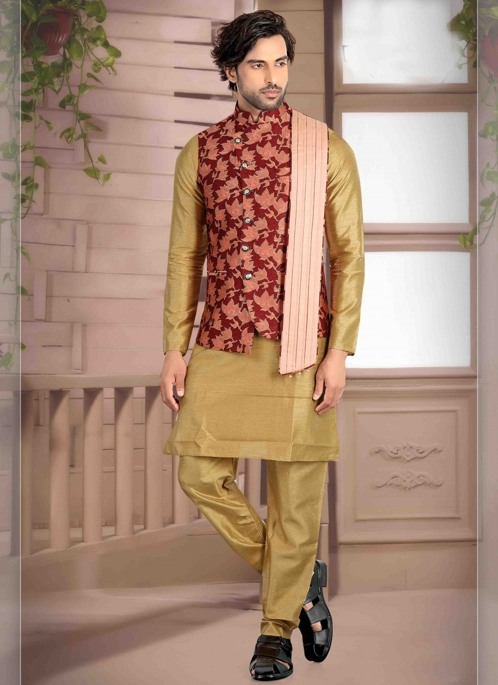 Plain Art Silk Brown Kurta Payjama With Jacket - M1708