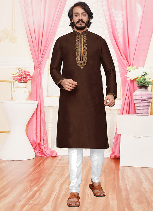 Embroidered Art Silk Brown Kurta Pyjama - M2025