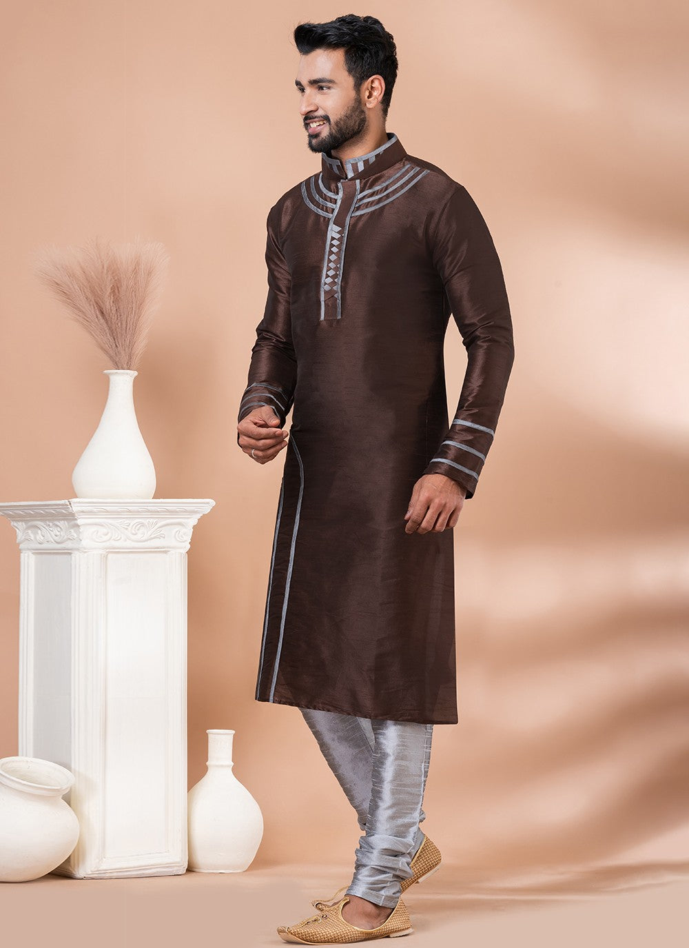 Fancy Work Banarasi Silk Brown Kurta Pyjama - M6984