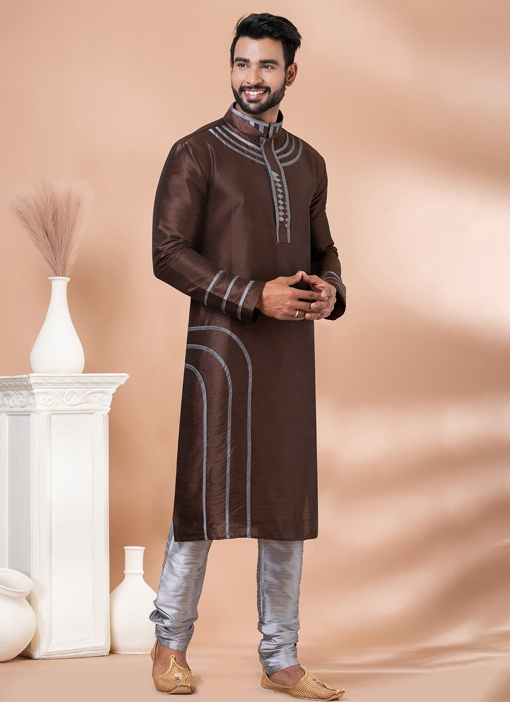 Fancy Work Banarasi Silk Brown Kurta Pyjama - M6984