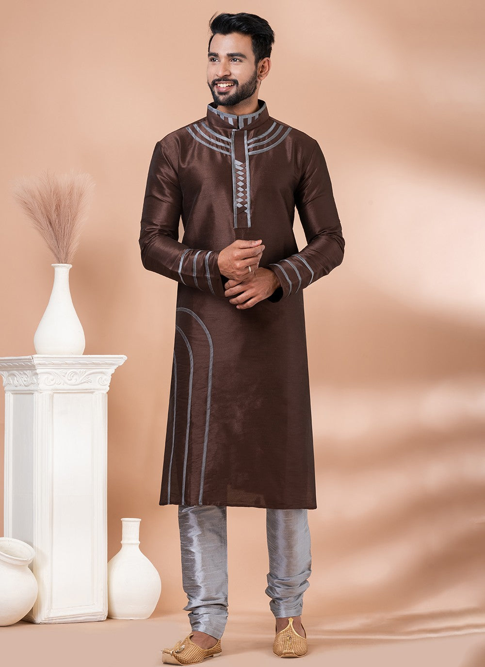 Fancy Work Banarasi Silk Brown Kurta Pyjama - M6984