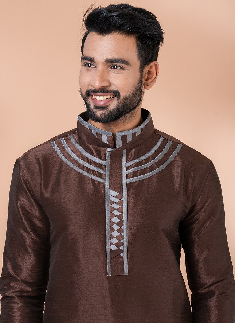 Fancy Work Banarasi Silk Brown Kurta Pyjama - M6984