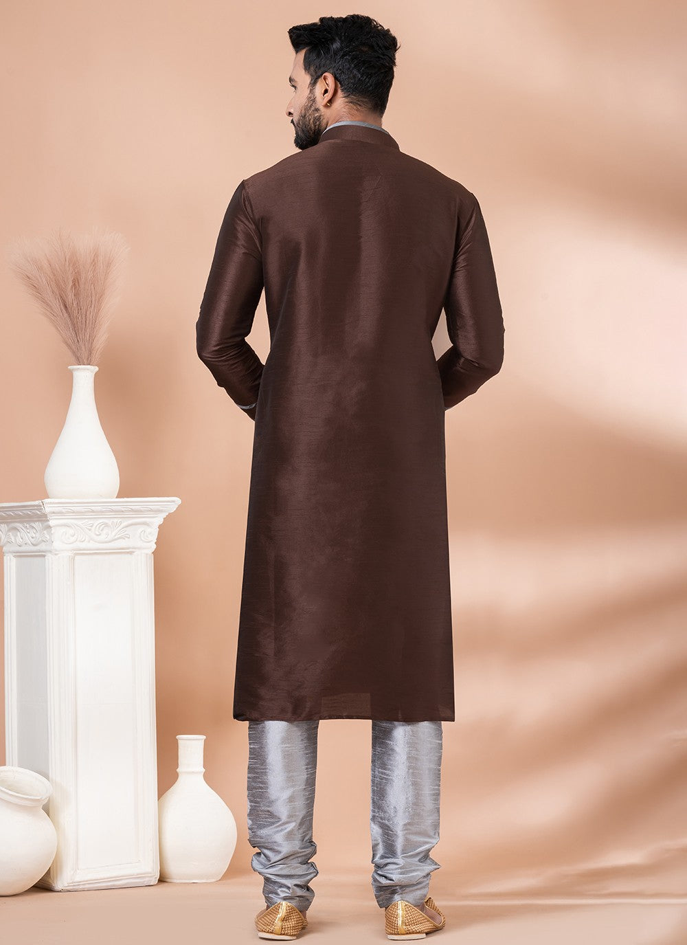 Fancy Work Banarasi Silk Brown Kurta Pyjama - M6984