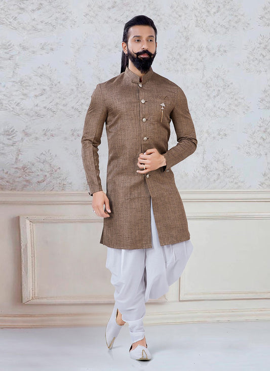 Buttons Linen Brown Dhoti Kurta - M3102