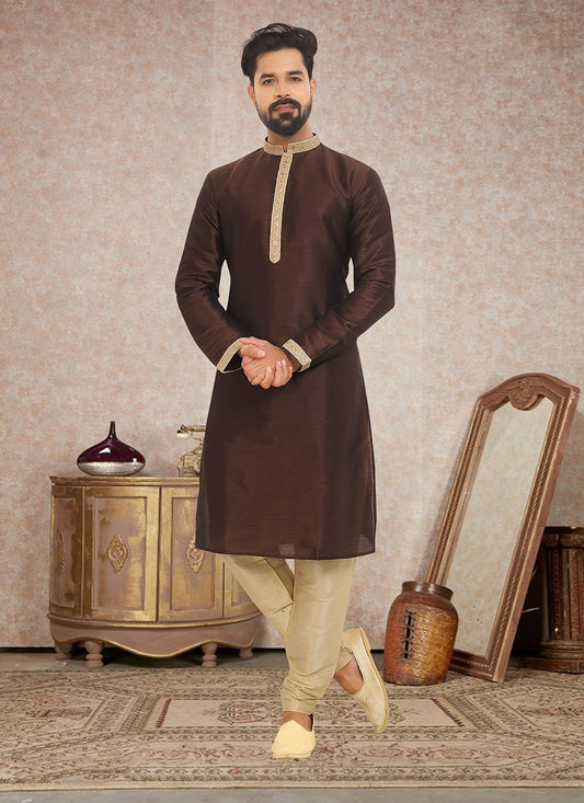 Embroidered Dupion Silk Brown Kurta Pyjama - M3340