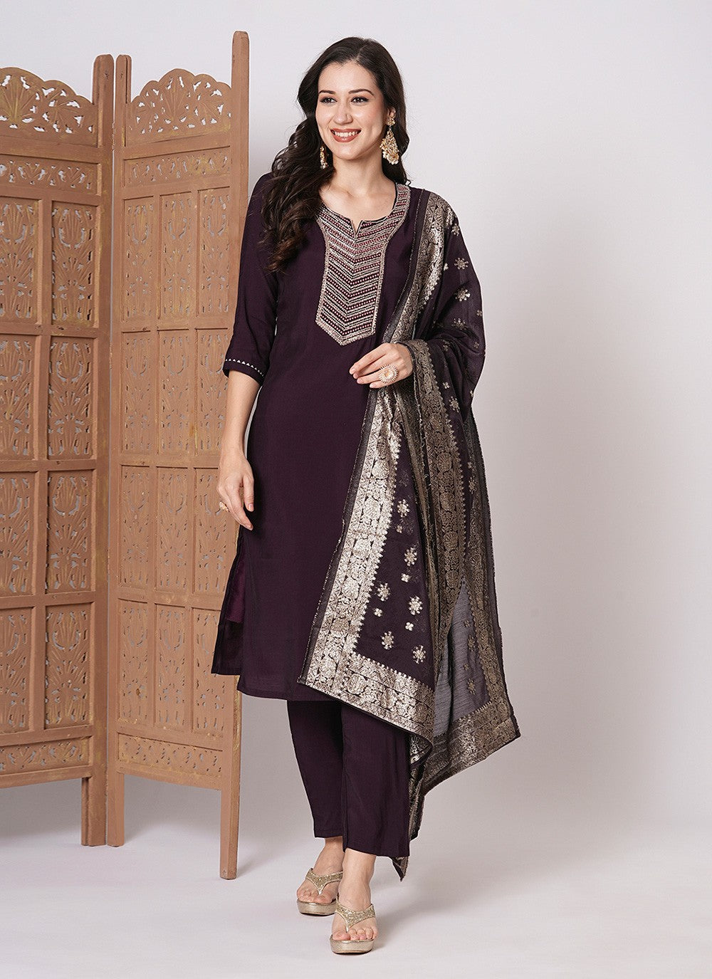 Embroidered Chanderi Pant Style Suit - T4483