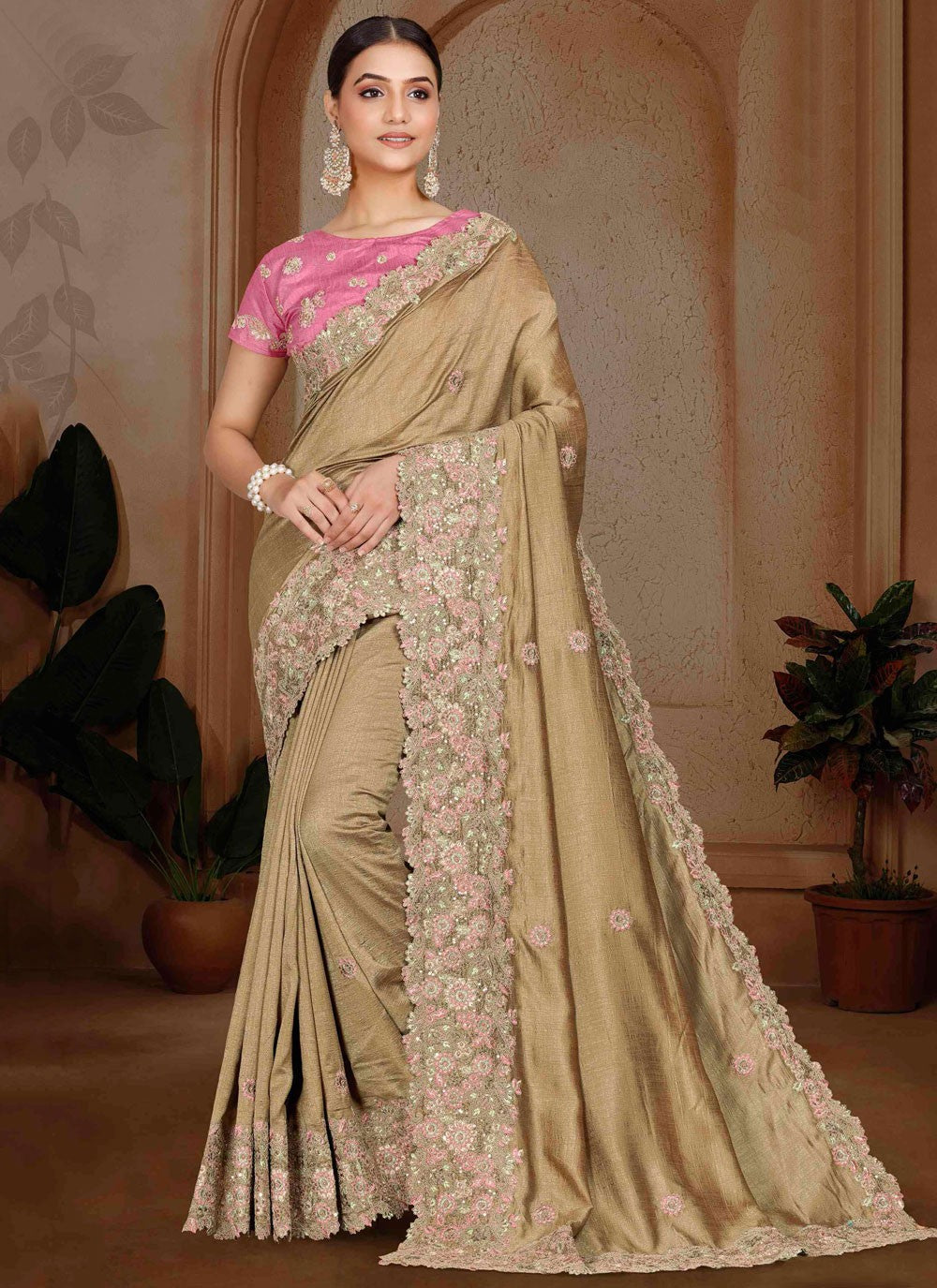 Border Work, Cut Work, Embroidered, Moti, Stones Art Silk Saree - S12121