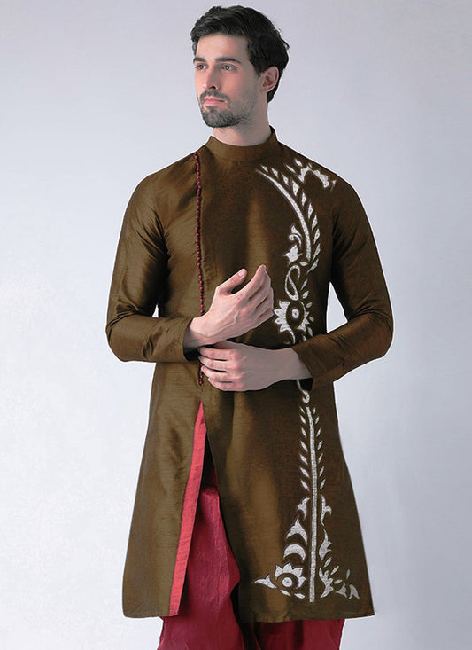 Embroidered Dupion Silk Brown Angrakha - M7316