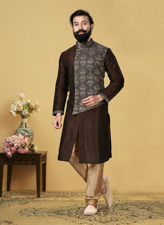 Embroidered Dupion Silk Brown Kurta Pyjama - M2067