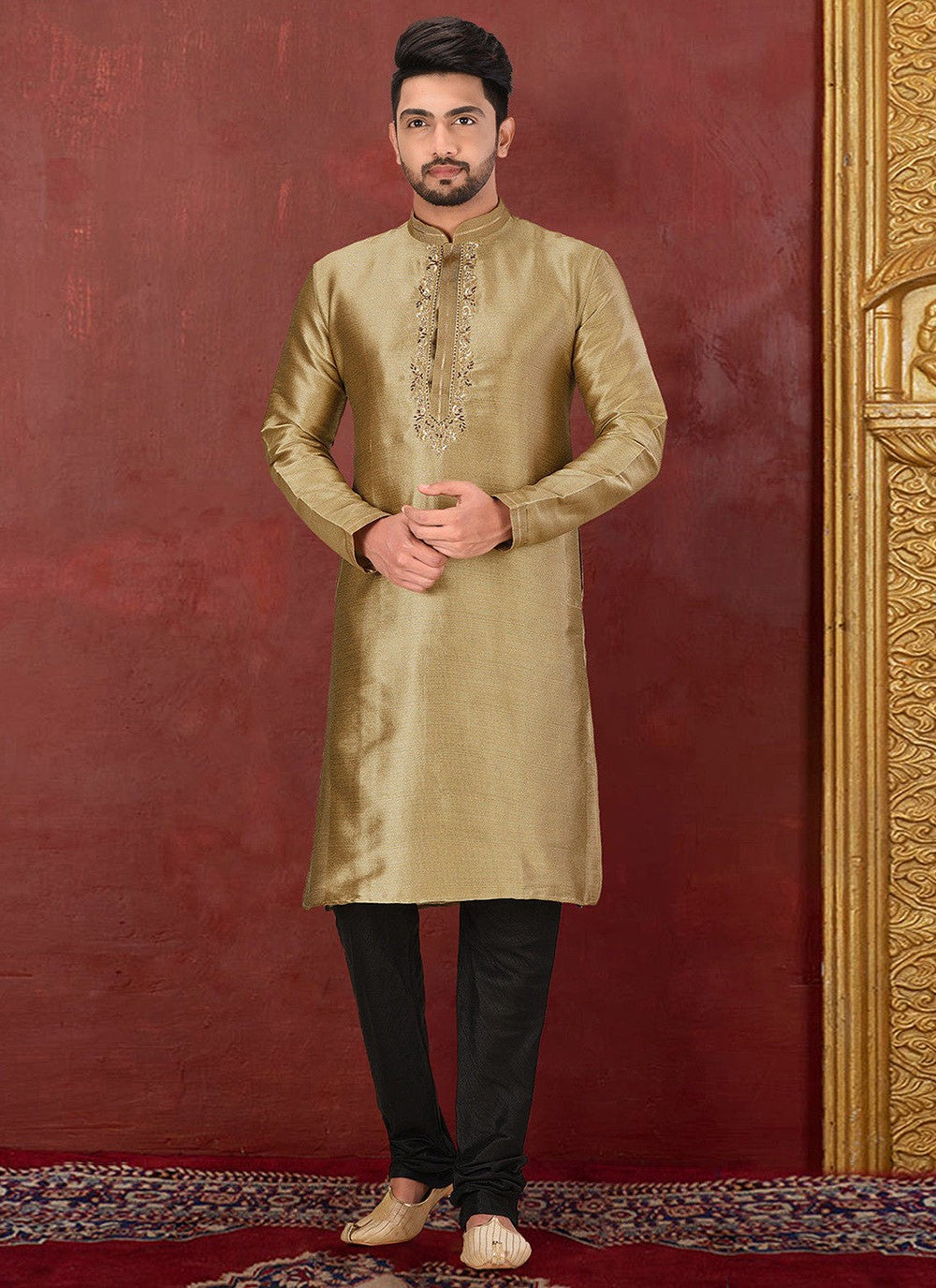 Embroidered Malbari Silk Brown Kurta Pyjama - M2733