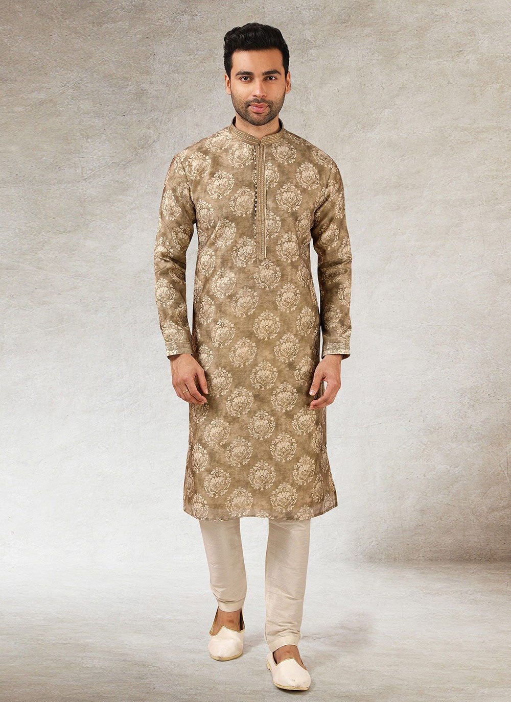 Printed Art Silk Brown Kurta Pyjama - M2843