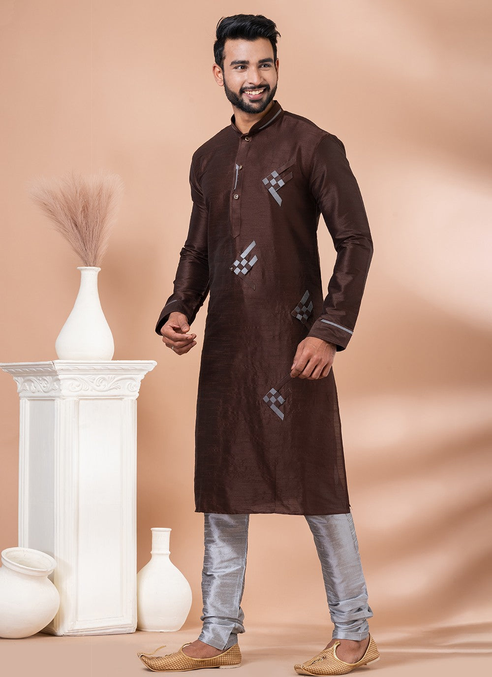 Fancy Work Banarasi Silk Brown Kurta Pyjama - M6985