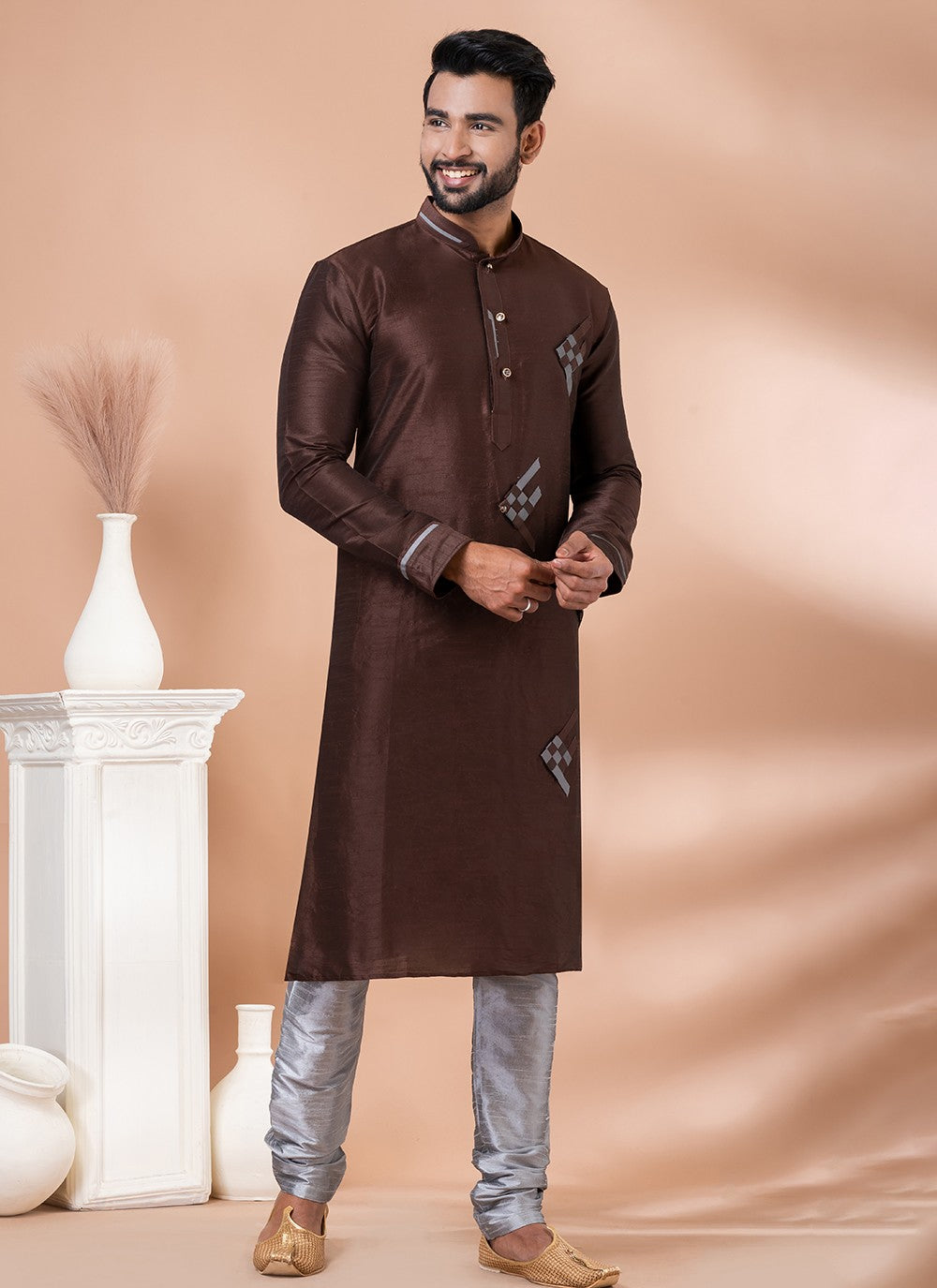 Fancy Work Banarasi Silk Brown Kurta Pyjama - M6985