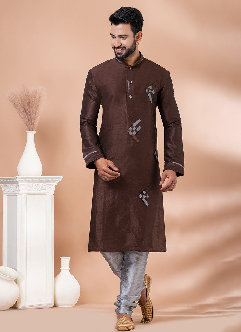 Fancy Work Banarasi Silk Brown Kurta Pyjama - M6985