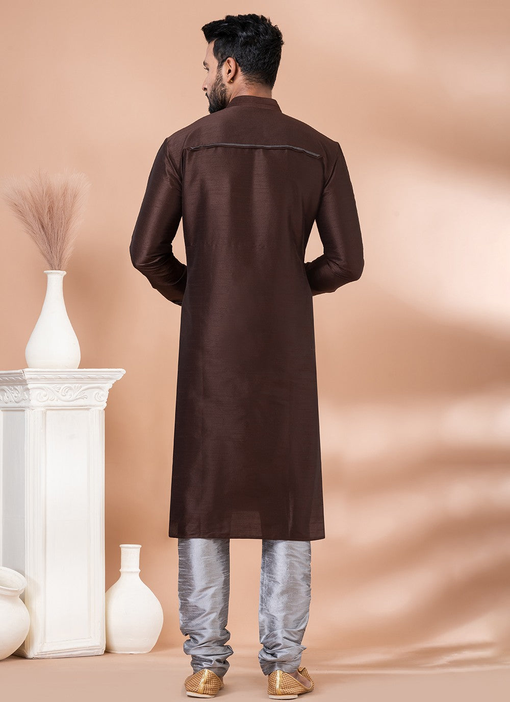 Fancy Work Banarasi Silk Brown Kurta Pyjama - M6985