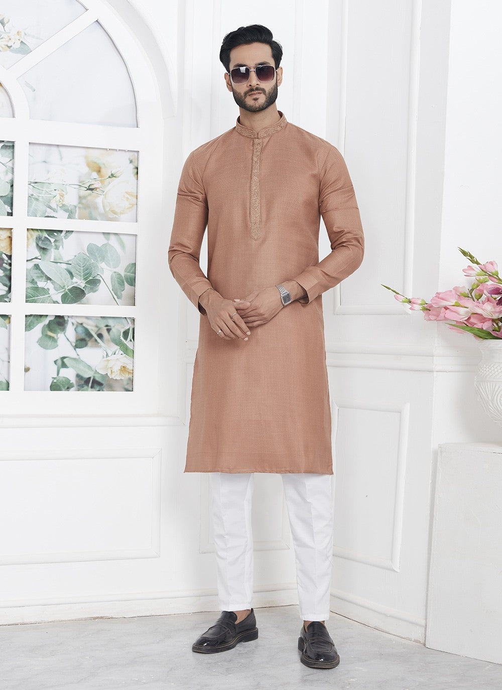 Fancy Work Cotton , Linen Brown Kurta Pyjama - M7113