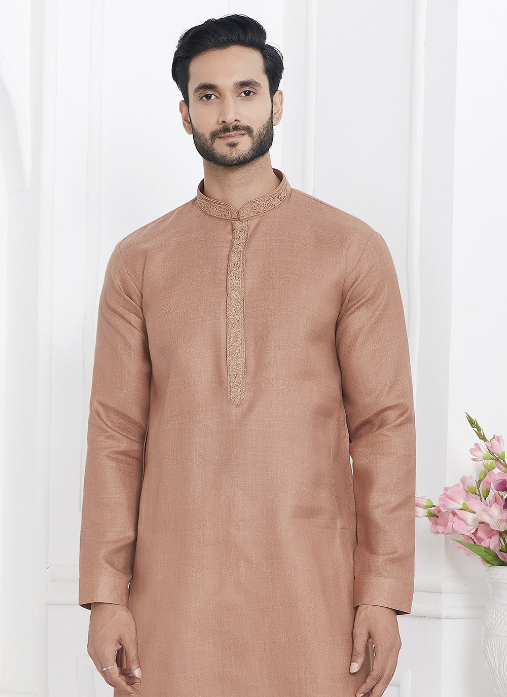 Fancy Work Cotton , Linen Brown Kurta Pyjama - M7113